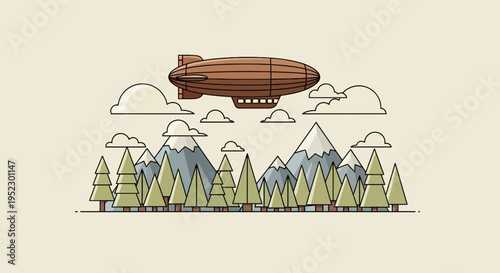 A flat-design illustration of a blimp above mountains and trees under cloudy skies