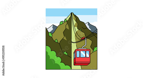A red cable car ascends a mountain with green trees and a blue sky