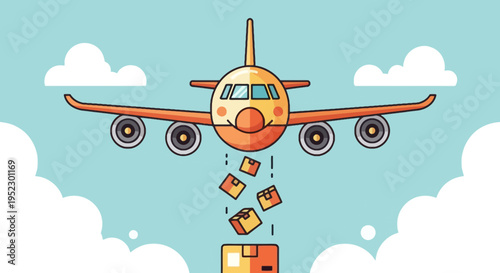 A cartoon airplane with a smiling face dropping boxes from its underside in a clear sky