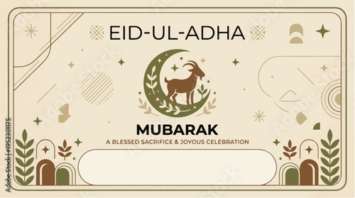 Eid-ul-Adha Mubarak greeting card with goat and crescent moon.