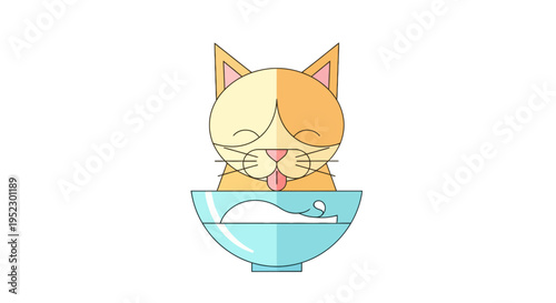 A stylized cat with its tongue out is drinking from a blue bowl