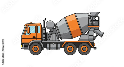 Orange and gray concrete mixer truck side view, black lines outline the components