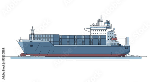 Illustrated cargo ship sailing across water, carrying containers. Minimalist design with blue and red hues