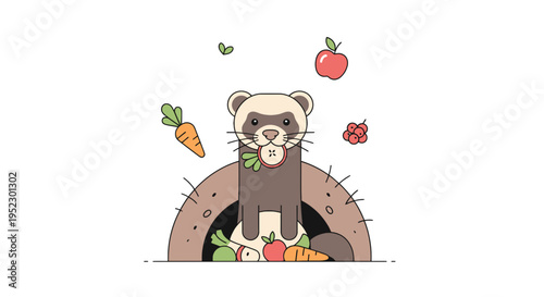 A cartoon ferret, surrounded by fruits and vegetables, sits inside a burrow