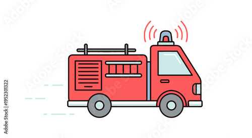 A red fire truck speeds forward with lights and siren on, against a white background