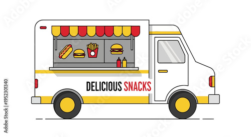 A flat illustration of a white food truck with a red and yellow awning, selling fast food