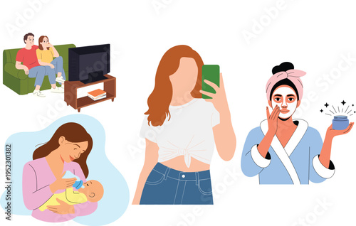 Women Lifestyle Illustration Set with Skincare Routine Mother Feeding Baby Watching TV and Using Smartphone for Daily Life Concepts Isolated on White Background