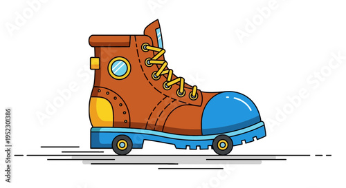 Cartoon illustration of a boot with wheels and various colors, suggesting speed and motion