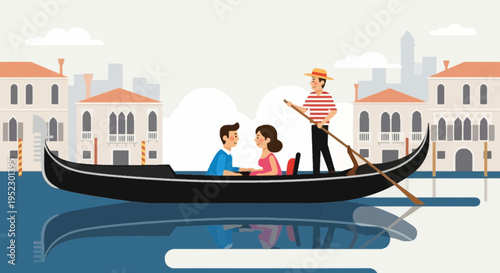Cartoon scene of a gondola with a couple and gondolier, iconic buildings, and water reflection