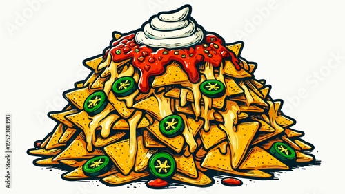 Loaded Nachos with Melted Cheese, Jalapeños, Salsa, and Sour Cream in Bold Hand-Drawn Illustration Style