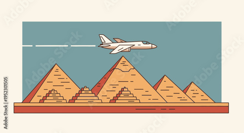 Stylized illustration of pyramids beneath a jet in flight, with blue sky and orange tones