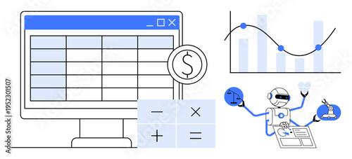 Financial planning, data analytics, automation, business management, technology, artificial intelligence. Screen with a spreadsheet, charts and robot assistant. Financial planning and data analytics