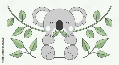 Cartoon koala bear with leaves, smiling, and leaves in its hands and mouth