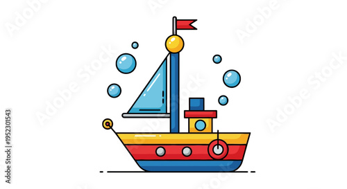 A cartoon sailboat with bubbles, blue sail, red flag, and a yellow, red, and blue hull