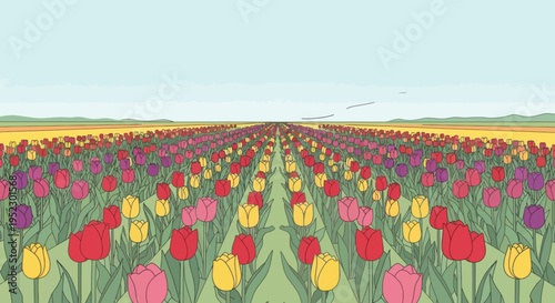 A vibrant field of tulips in red, pink, yellow, and purple stretches to the horizon