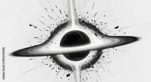 A grayscale depiction of a cosmic event with a central black sphere and orbiting debris