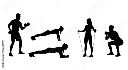 Silhouettes of people exercising isolated on transparent background