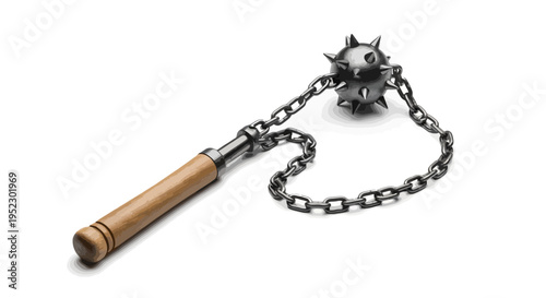 A medieval weapon, a flail, with a spiked ball attached to a chain and wooden handle