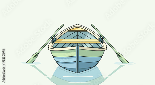 A colorful, minimalist illustration of a rowboat floating on water, with oars in place