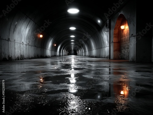 Wallpaper Mural A long, dark tunnel with wet, reflective floor, illuminated by overhead and wall-mounted lights, leading to a light source Torontodigital.ca