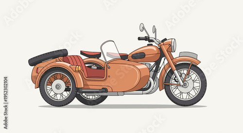 Illustration of a classic motorcycle with sidecar in a cartoon style, orange color