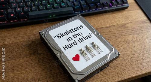 A desktop hard drive labeled 