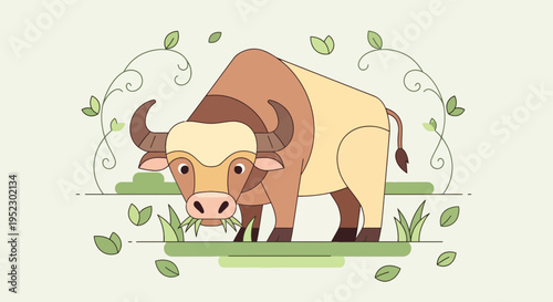 Vector illustration of a bull eating grass, surrounded by leaves and vines, on a light green background
