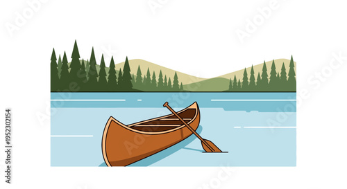 A canoe sits on a calm lake with a paddle, evergreen trees and distant hills in the background