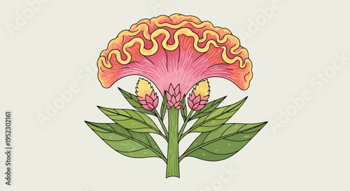 A stylized illustration of a flower with ruffled petals and green leaves