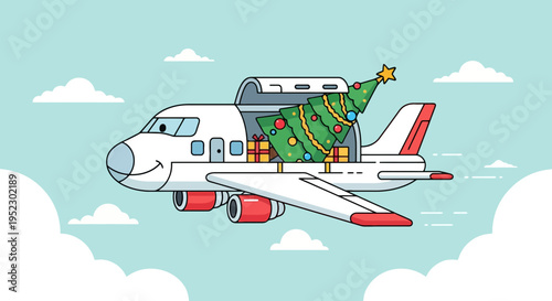 An airplane with a Christmas tree in its hold flies through the sky with a smiling face
