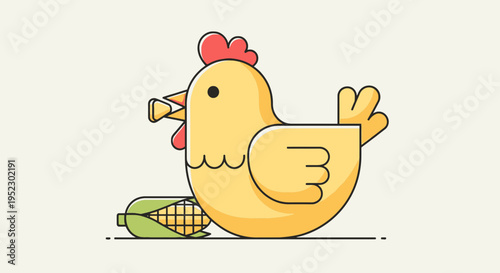 A cartoon chicken with corn. The hen is yellow with a red comb and beak open