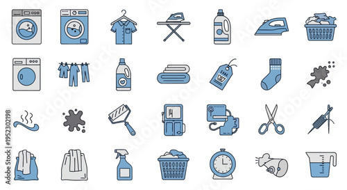 Laundry room icons collection with various appliances on transparent background silhouette
