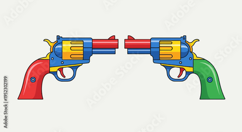 Two colorful toy guns facing each other. Each gun has multiple colors. Simple, flat design