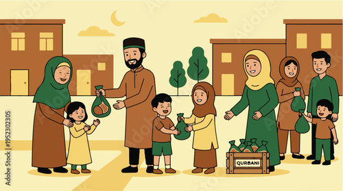 Muslim family distributing Qurbani meat to neighbors during Eid-ul-Adha.
