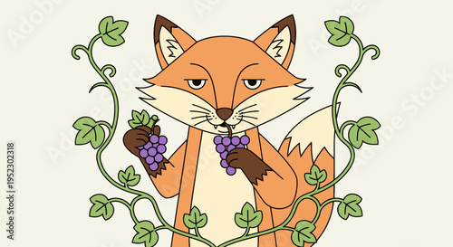 Cartoon fox with grapes, surrounded by vines, with a skeptical look