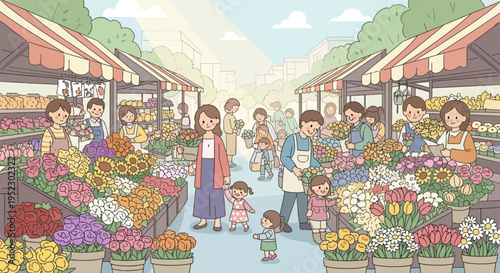 Cartoon illustration of a vibrant flower market bustling with shoppers, vendors, and colorful blooms