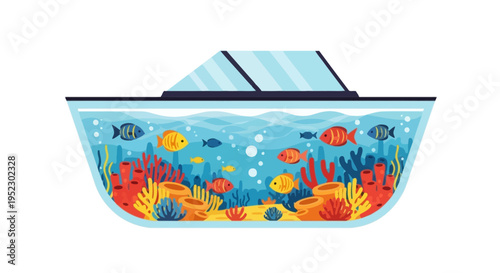 Aquarium shaped like a boat, filled with colorful fish and coral