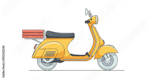 A yellow scooter with a pizza box in the back, a round headlight, and side mirror