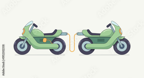 Two green motorcycles are connected by a charging cable. Each is lit with an orange headlight