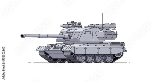 A stylized illustration of a military tank with a long cannon, missiles and antenna