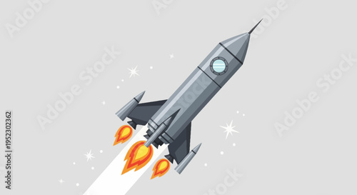 A gray cartoon rocket blasting off, trailed by white and orange flames, against a starry background