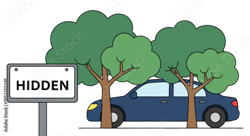 A blue car is parked behind trees with a sign that says "HIDDEN