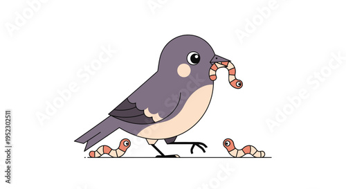 A stylized bird with a worm in its beak, and two worms on the ground