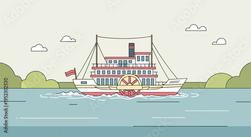 A stylized steamboat illustration, paddlewheel churning, travels on water amidst clouds and greenery