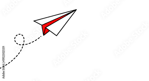 Cartoon paper airplane with a red interior, black outlines, and dashed trajectory