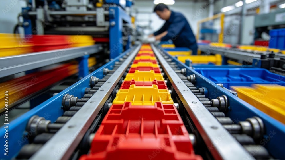 Obraz premium Factory conveyor belt with worker