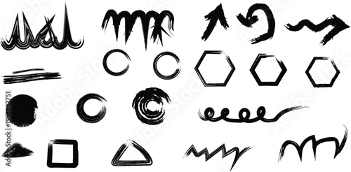 Collection of abstract black shapes and symbols on white background
