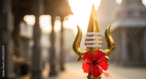 Skanda Shashti, a golden divine Vel (spear) decorated with three horizontal lines of white vibhuti holy ash and a single red hibiscus flower