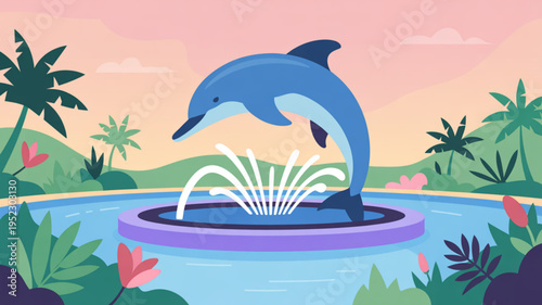 Dolphin jumping out of fountain in tropical paradise with palm trees and colorful flowers