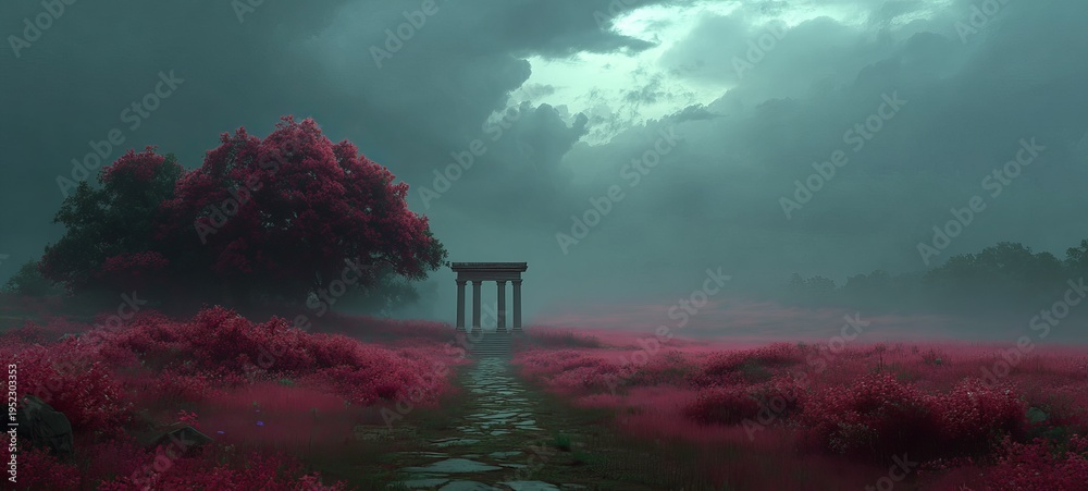 custom made wallpaper toronto digitalA moody, dreamlike landscape. A stone structure stands along a path in a field of red-pink foliage, under a dramatic, cloudy sky